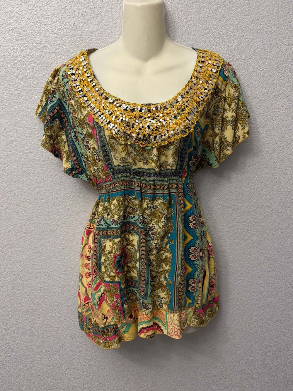 Live and Let Live Blouse Womens Boho Patchwork Rayon Embellished Top